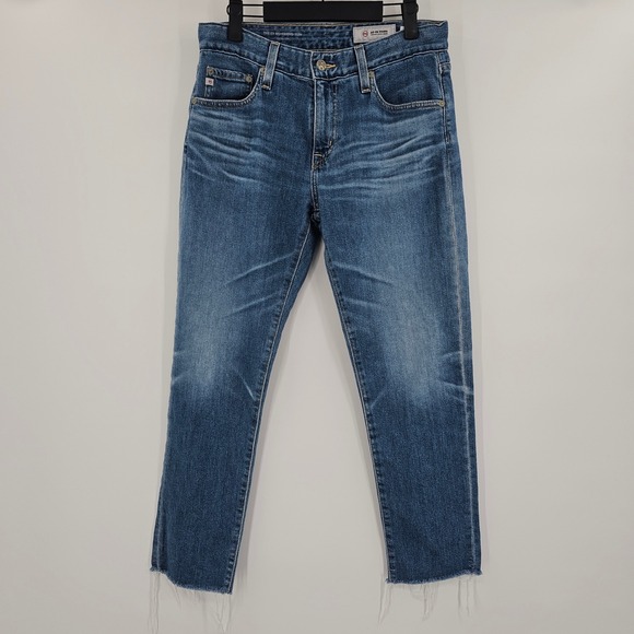AG Adriano Goldschmied The Ex Boyfriend Slim Jeans 27R Raw Hem Blue Whiskers - Picture 1 of 14